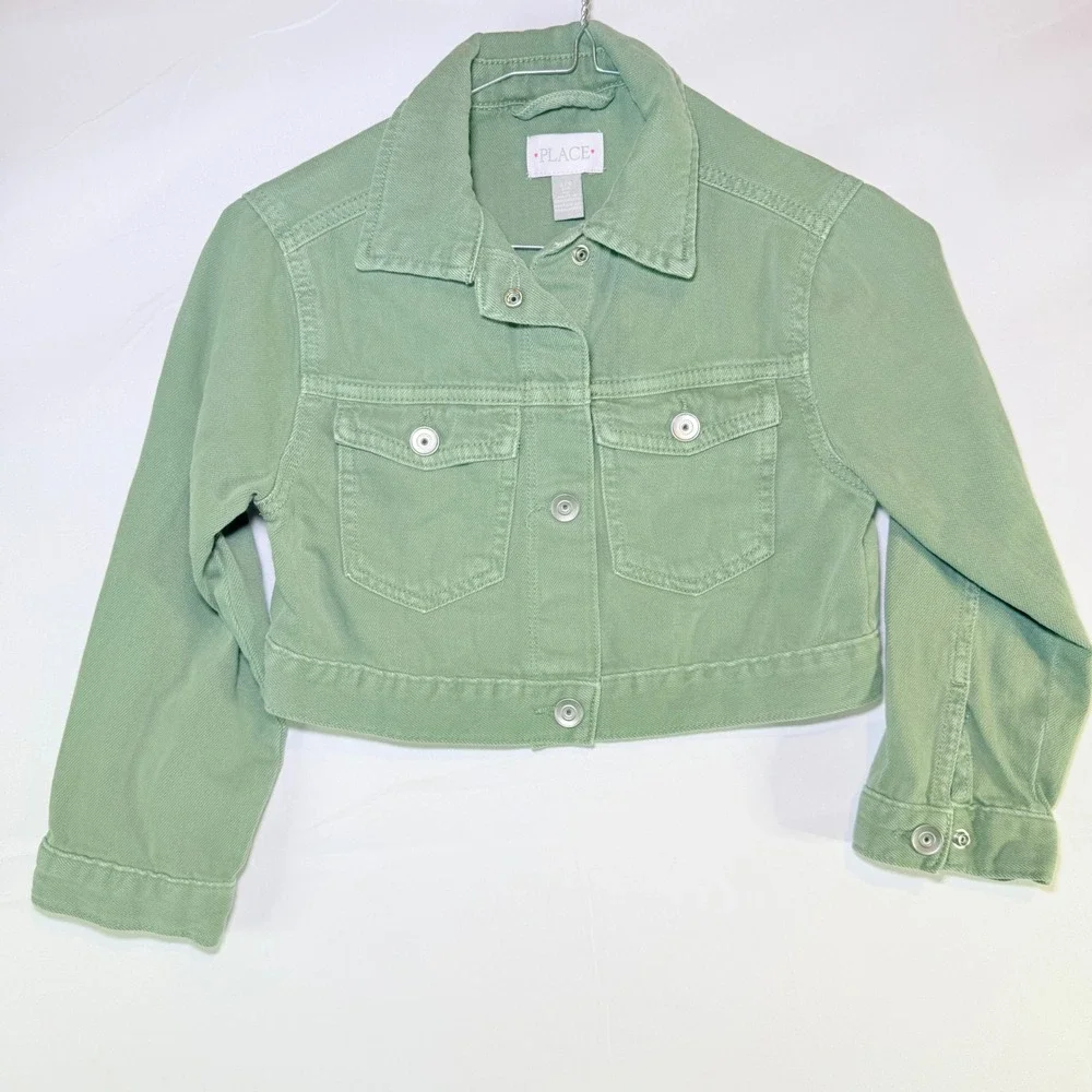 Childrens Place Girls Sage Green Cropped Denim Jacket Size 5/6 S‎ Small Trucker